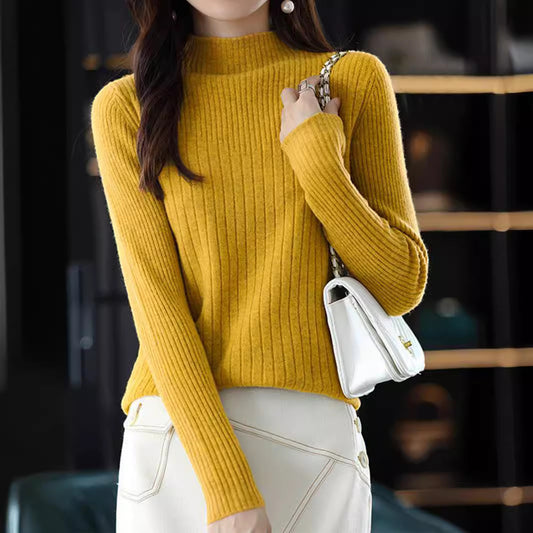 Damen eleganter Feinstrickpullover mit hohem Kragen und feinem Rippmuster Stalluxe