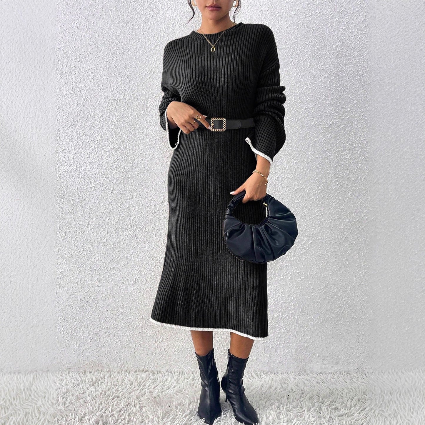 Damen lässiges Strickkleid mit Ribstruktur und weitem Schnitt Stalluxe