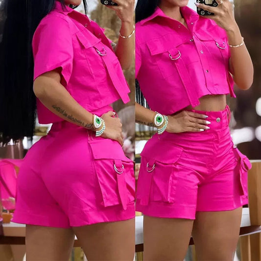 Damen Cropped Shirt und Cargo-Shorts Set Stalluxe