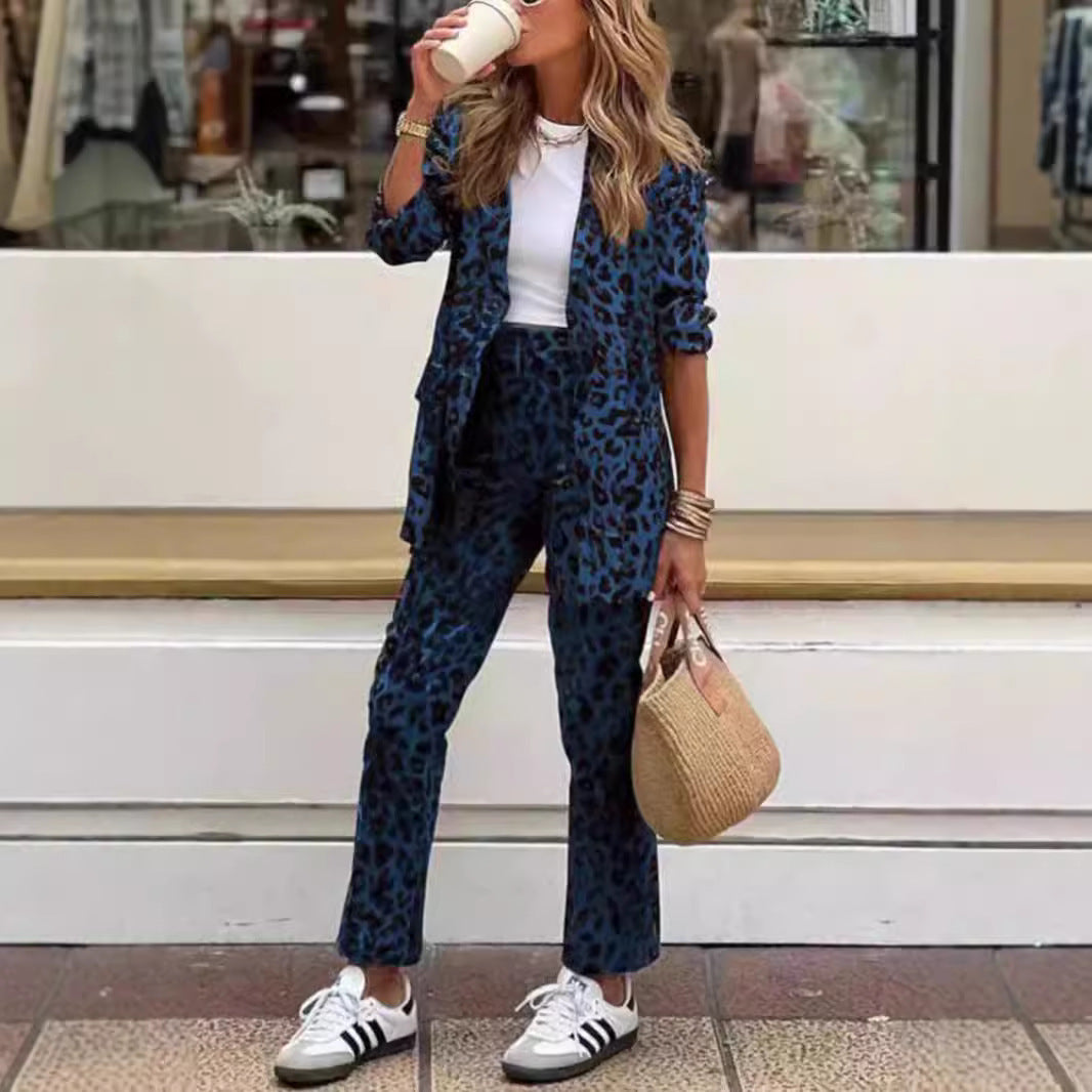Women's Chic Animal Print Blazer and Trousers Set Stalluxe