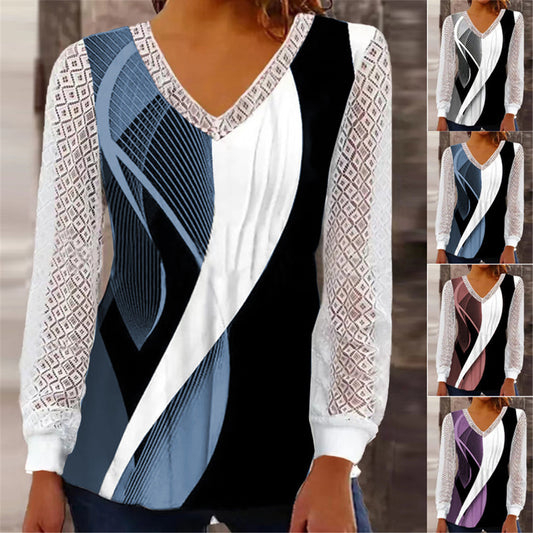 Damen modisches Oberteil mit raffinierten Spitzenärmeln und geometrischem Design Stalluxe