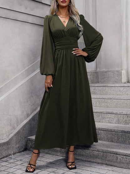 Damen elegantes Maxikleid mit V-Ausschnitt und voluminösen Puffärmeln Stalluxe
