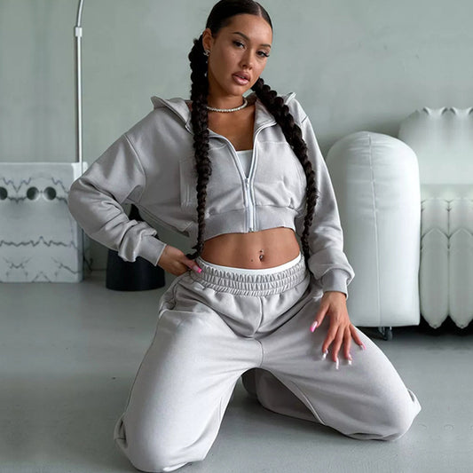 Damen sportliches Cropped Oberteil und weite Freizeithosen Set Stalluxe