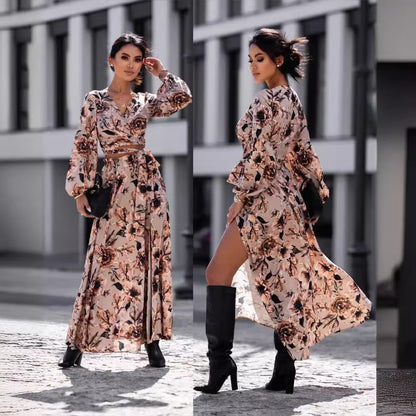 Damen Maxikleid im Leopardenmuster mit Wickeldesign und voluminösen Ärmeln Stalluxe