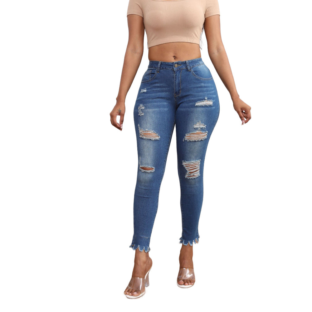 Damen Skinny Jeans mit fransigen Abschlüssen und modischen Rissen Stalluxe