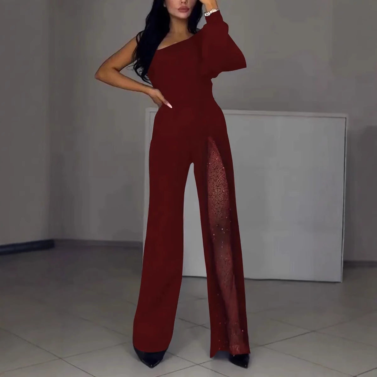 Women's Asymmetrical One-Shoulder Jumpsuit with Sequined Panel Stalluxe