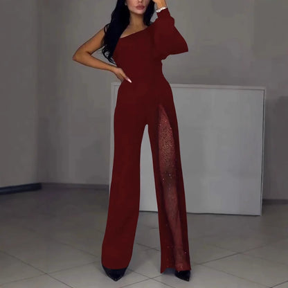 Women's Asymmetrical One-Shoulder Jumpsuit with Sequined Panel Stalluxe