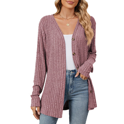 Damen lässige Strickjacke mit feiner Rippstruktur und praktischen Knöpfen Stalluxe
