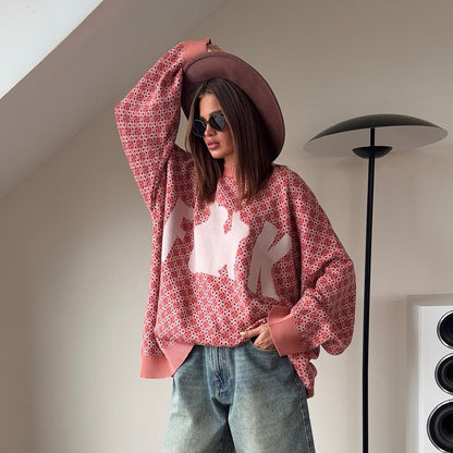 Damen Oversized Strickpullover mit kreativem Motiv Stalluxe