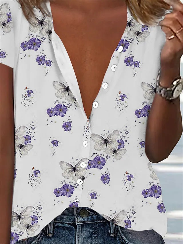 Damen Bluse mit floralem Muster und tiefem V-Ausschnitt Stalluxe