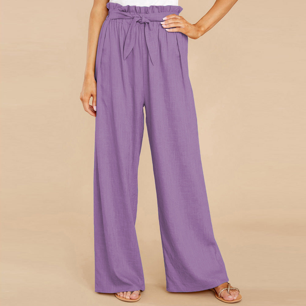 Damen weite Leinenhose mit hohem Bund und Gürtel auf Taillenhöhe Stalluxe