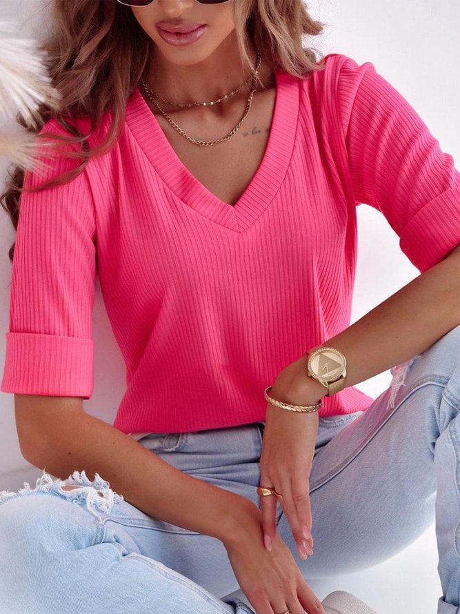 Damen V-Ausschnitt Kurzarmshirt aus geripptem Stoff Stalluxe