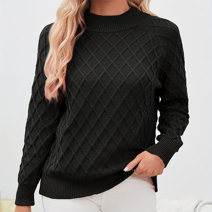 Damen Grobstrickpullover mit trendigem Rautenmuster und hohem Kragen Stalluxe