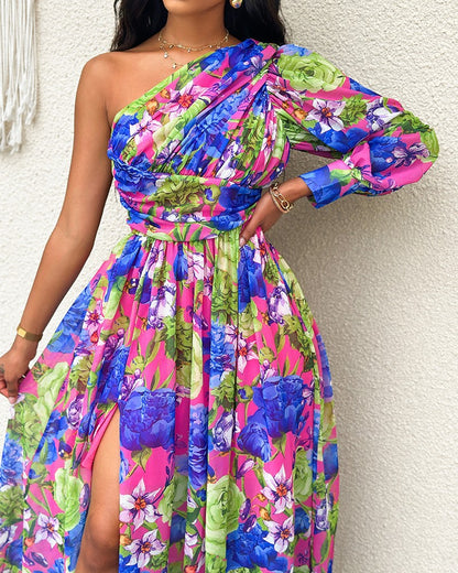 Damen Exquisites One-Shoulder Maxikleid mit floralem Design und Schlitz Stalluxe