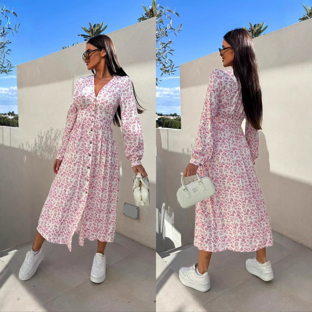 Damen Blümchen Maxikleid mit knöpfbarem Oberteil und eleganten Puffärmeln Stalluxe