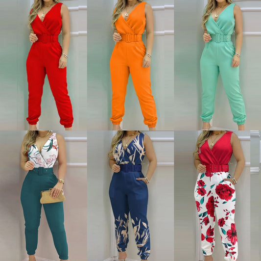 Damen Eleganter Jumpsuit mit Gürtel und tiefem V-Ausschnitt Stalluxe