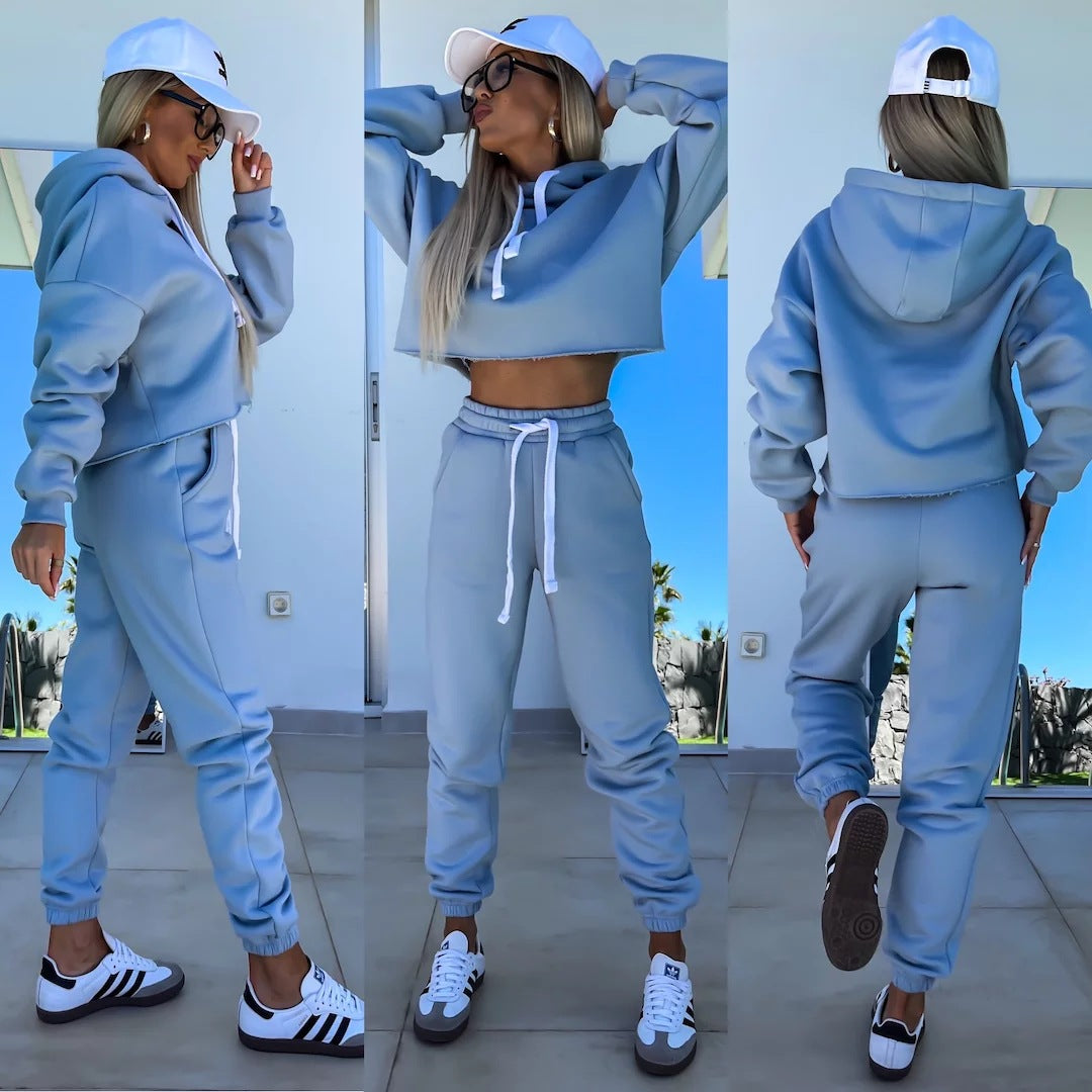 Damen bequemer Cropped Hoodie mit elastischem Bund und lässiger Jogginghose Set Stalluxe