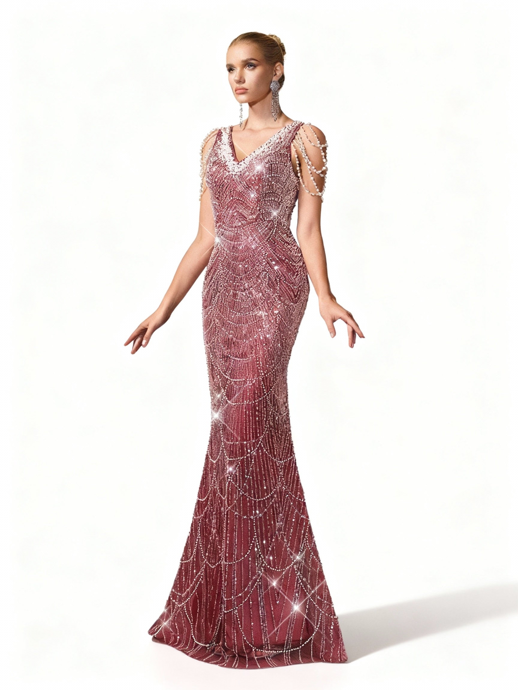 Stalluxe | Burgunderfarbenes Kleid mit Perlen und Fischschwanz XS