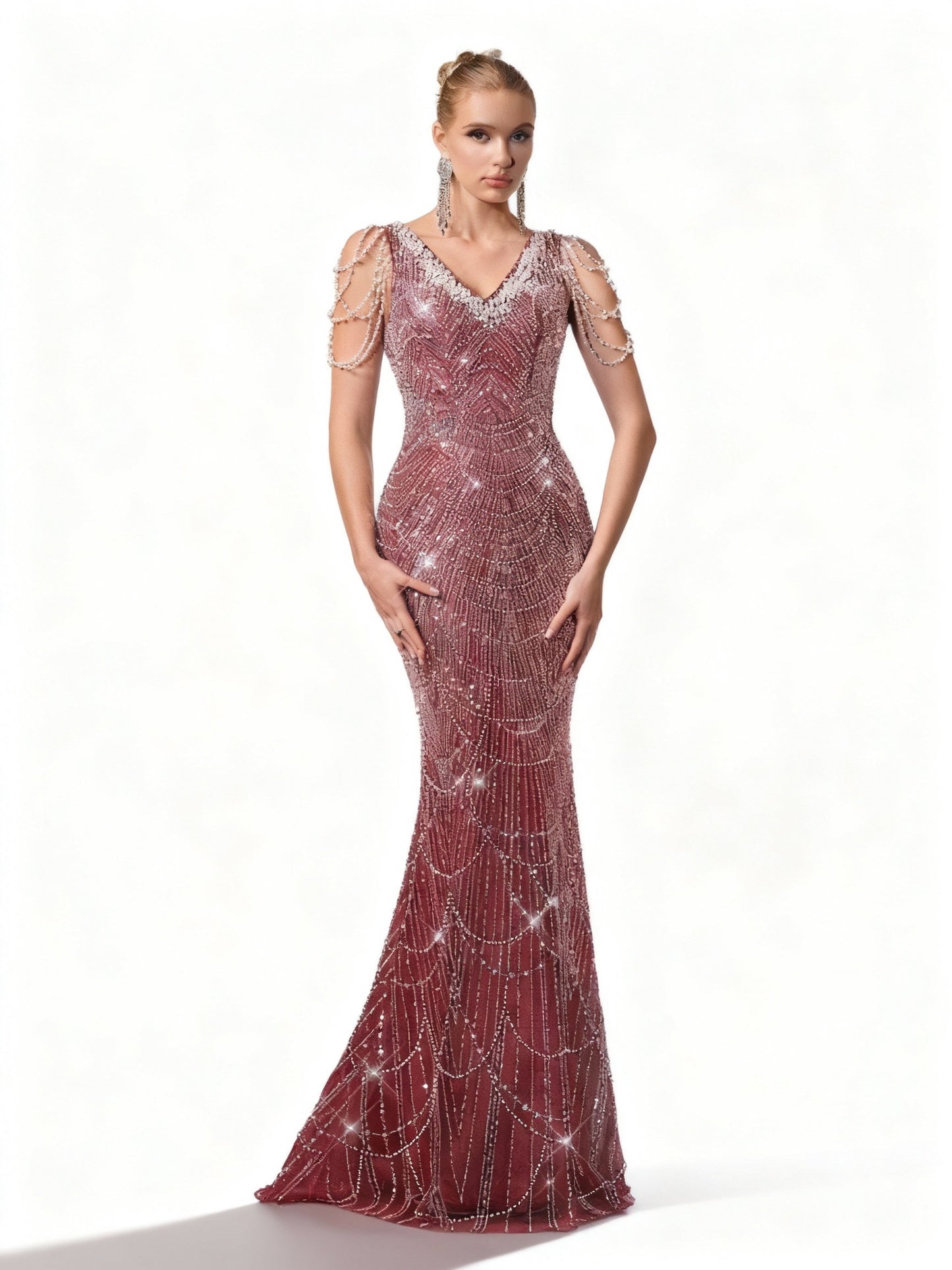 Stalluxe | Burgunderfarbenes Kleid mit Perlen und Fischschwanz