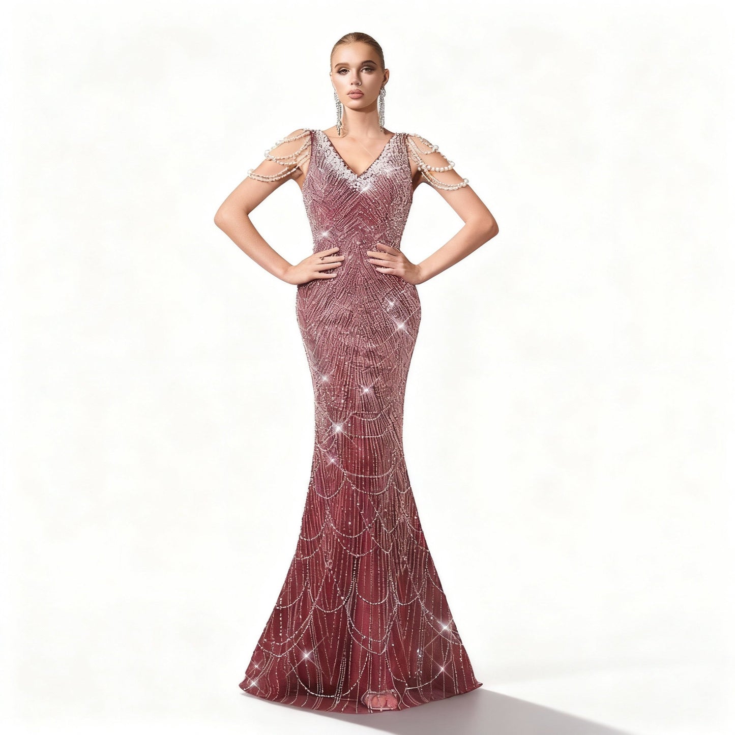 Stalluxe | Burgunderfarbenes Kleid mit Perlen und Fischschwanz M