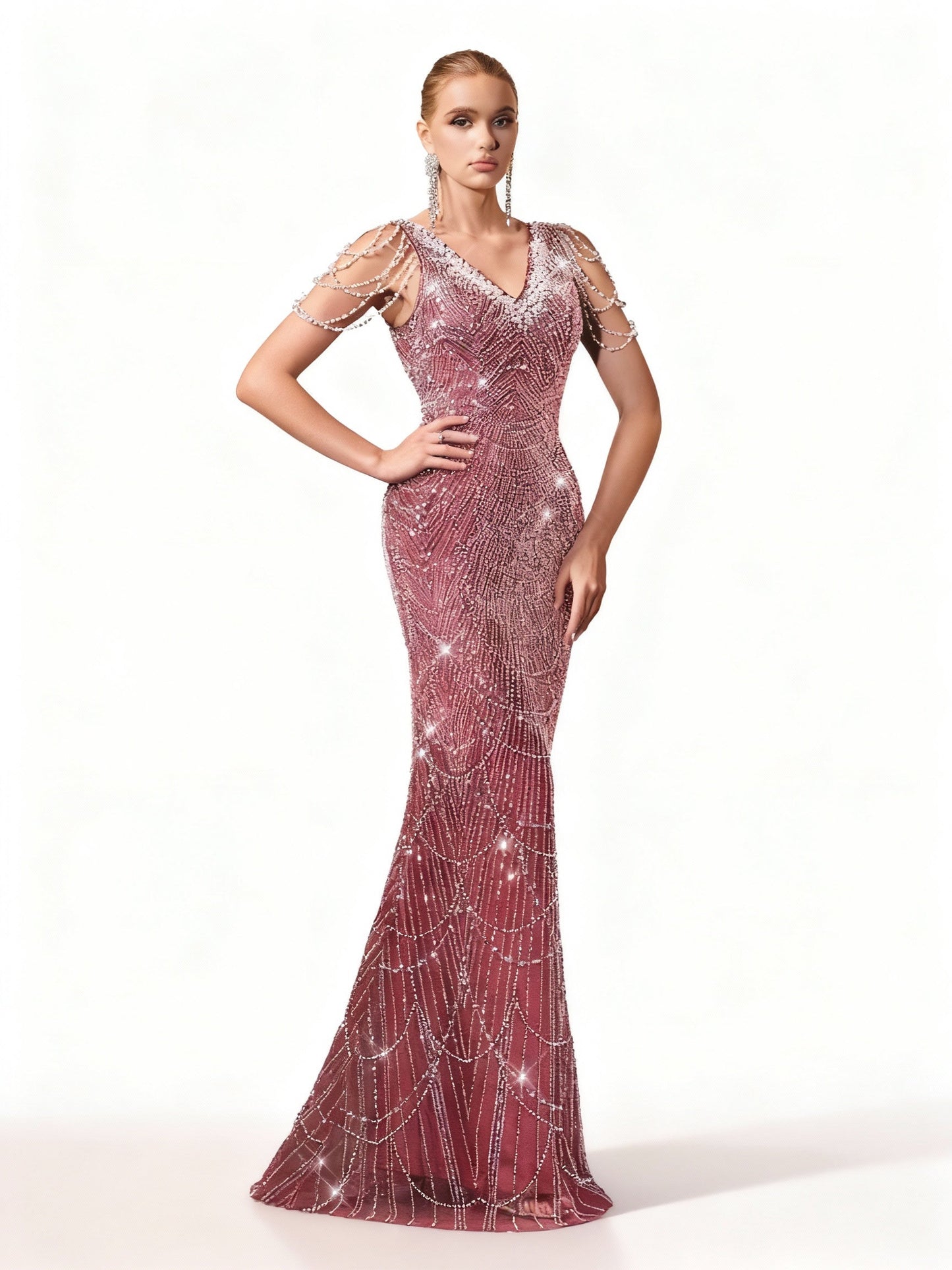 Stalluxe | Burgunderfarbenes Kleid mit Perlen und Fischschwanz L