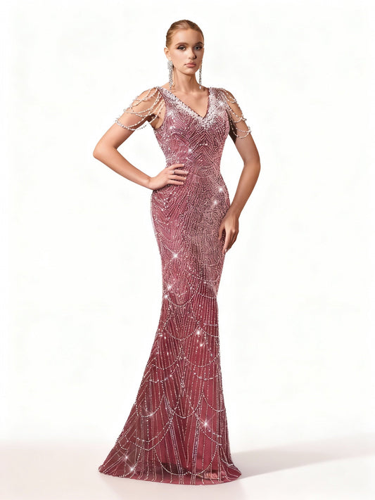 Stalluxe | Burgunderfarbenes Kleid mit Perlen und Fischschwanz L