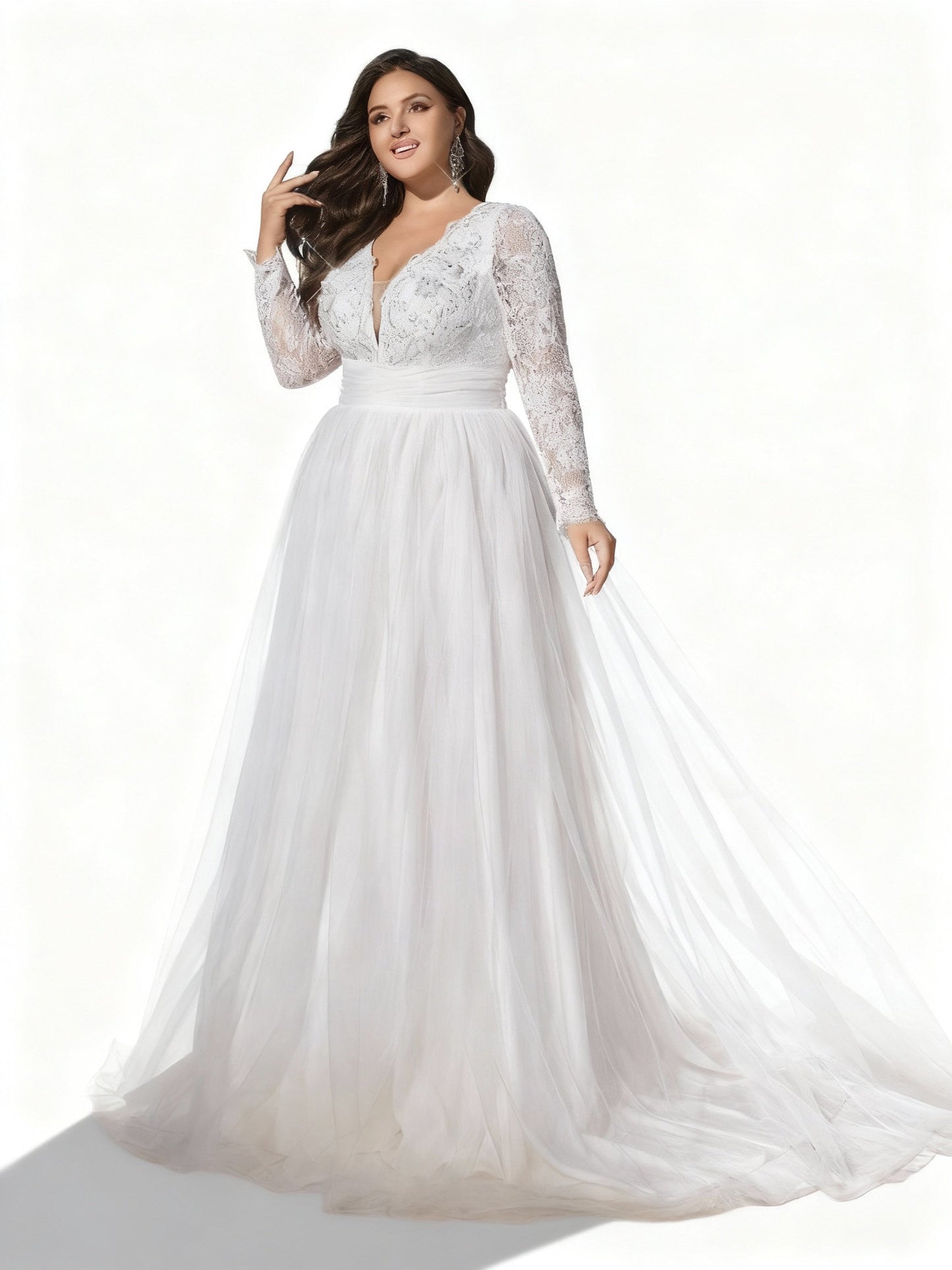 Stalluxe | Romantisches Weißes Brautkleid mit Spitze und Langen Ärmeln 2XL