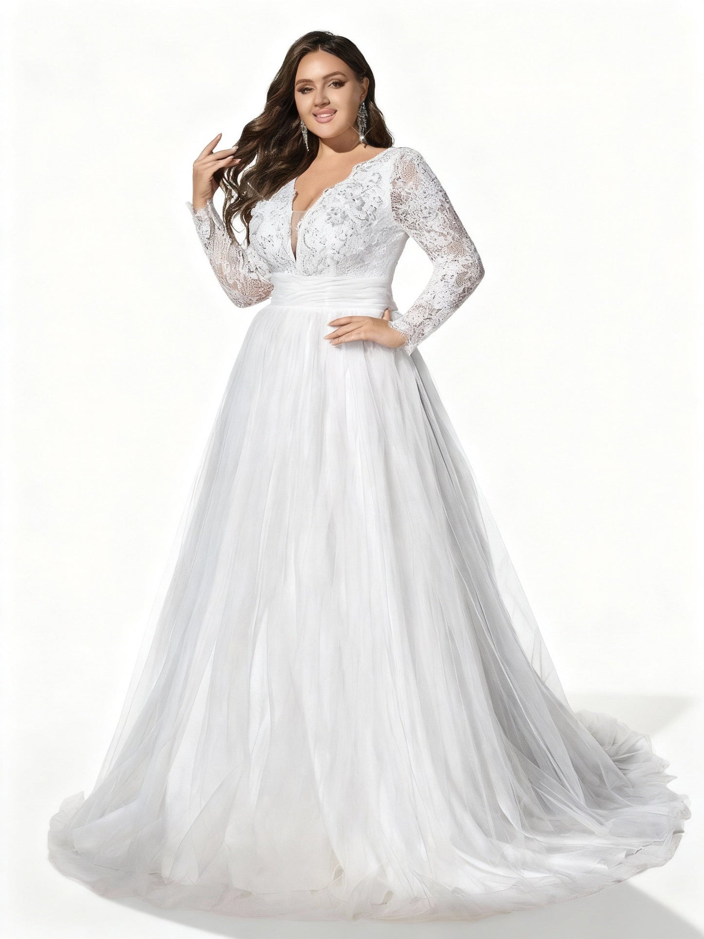 Stalluxe | Romantisches Weißes Brautkleid mit Spitze und Langen Ärmeln 3XL