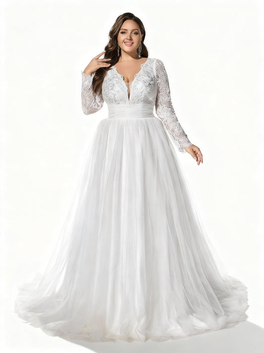 Stalluxe | Romantisches Weißes Brautkleid mit Spitze und Langen Ärmeln 4XL
