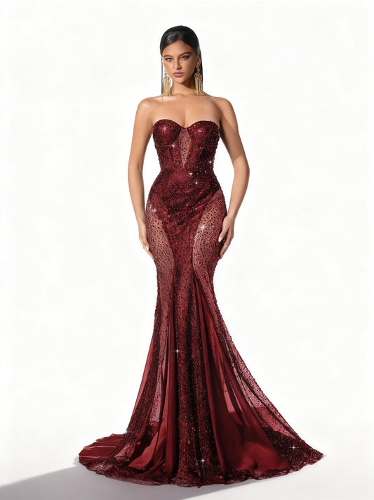 Stalluxe | Schwarzes Figurbetontes Paillettenkleid Weinrot L