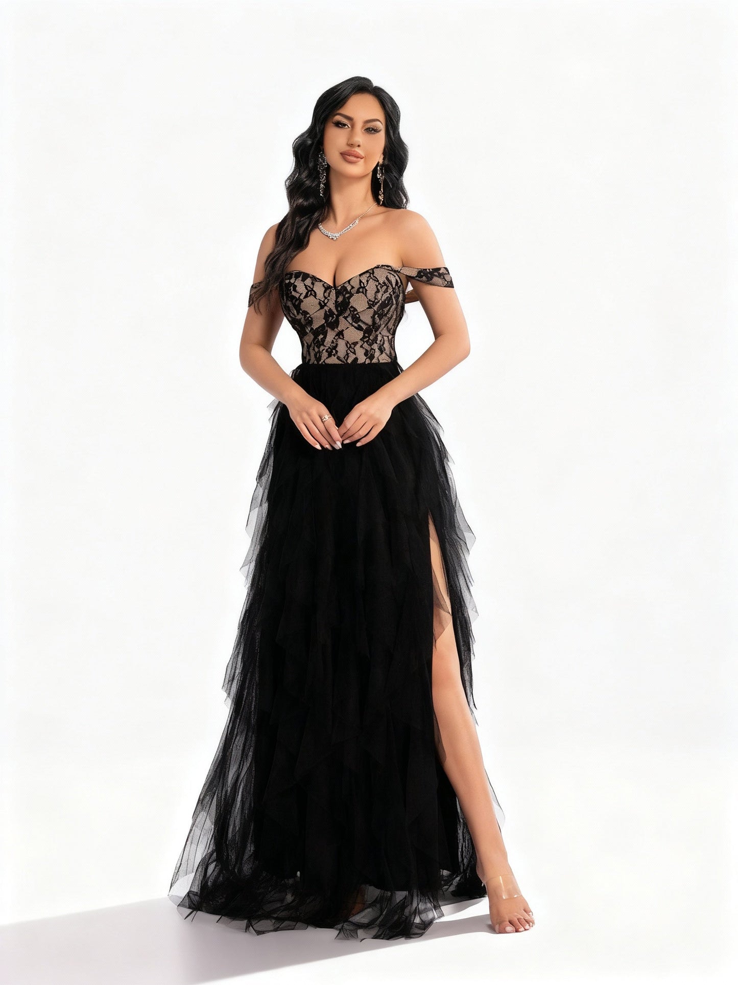 Stalluxe | Spitzen-Meshkleid für Brautjungfern L Schwarz