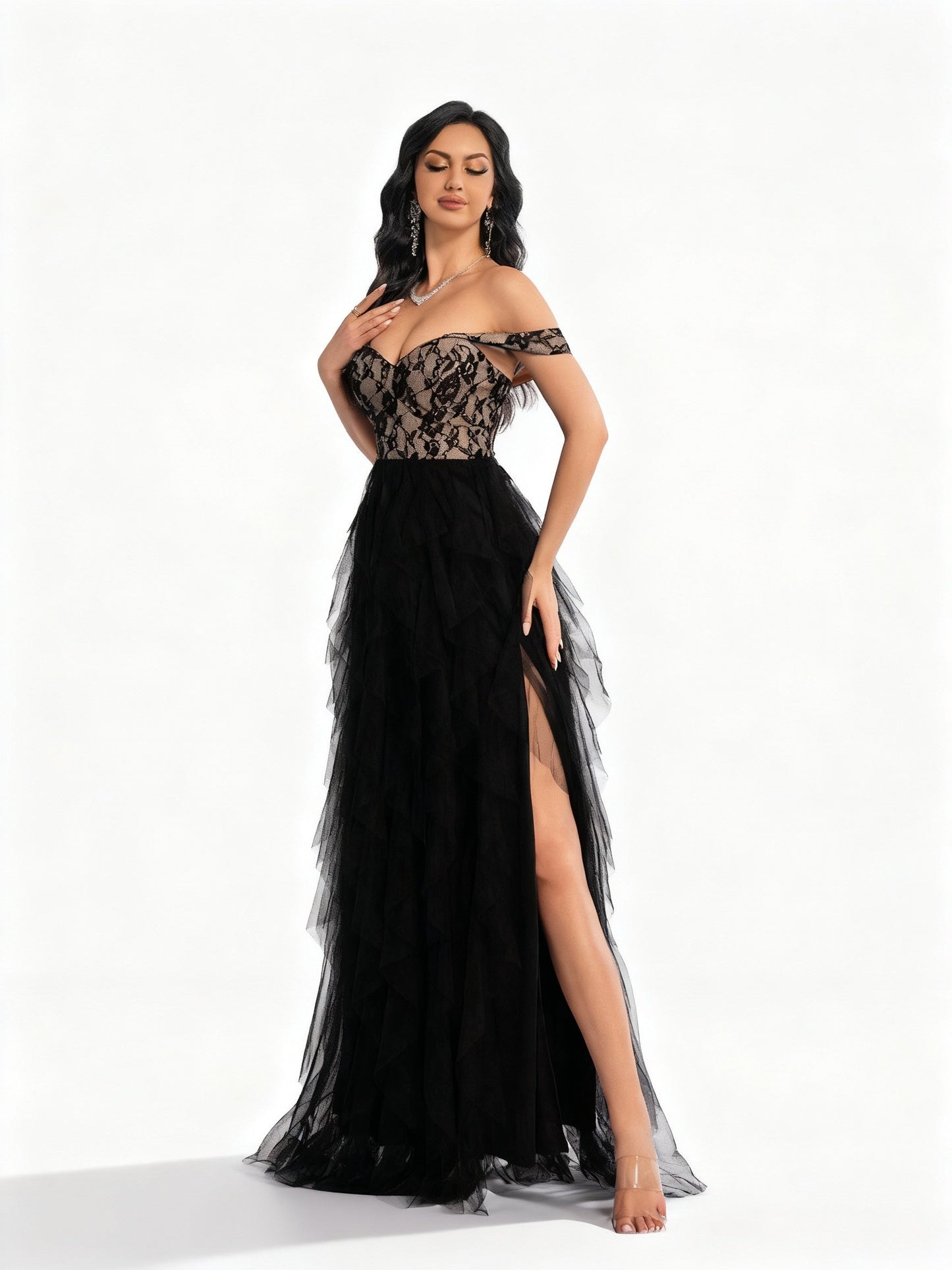 Stalluxe | Spitzen-Meshkleid für Brautjungfern XS Schwarz