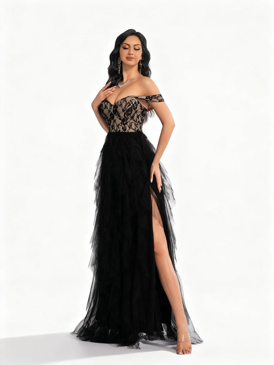 Stalluxe | Spitzen-Meshkleid für Brautjungfern XS Schwarz