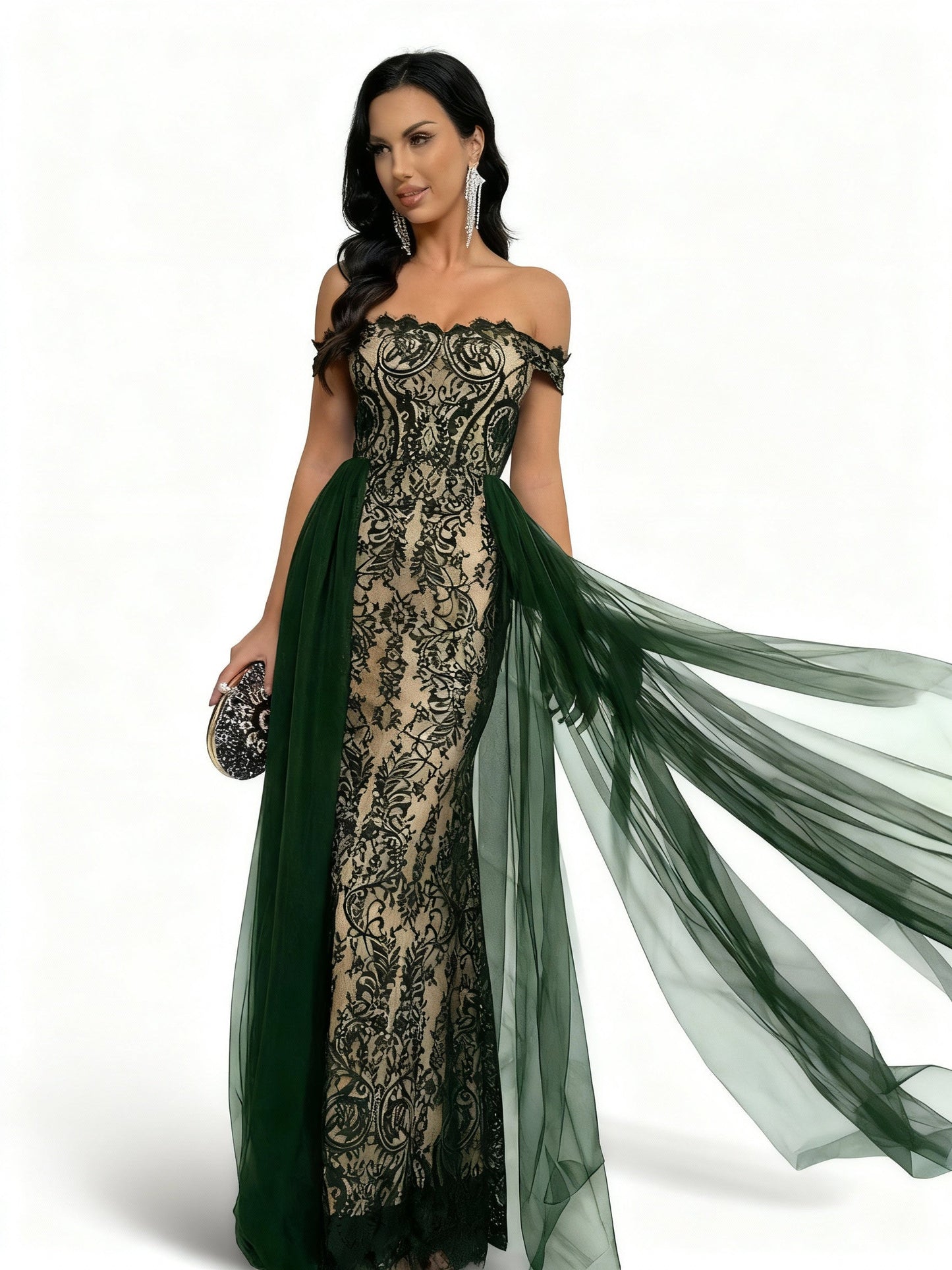 Stalluxe | Unifarbenes Spitzen-Mesh-Abendkleid S Grün