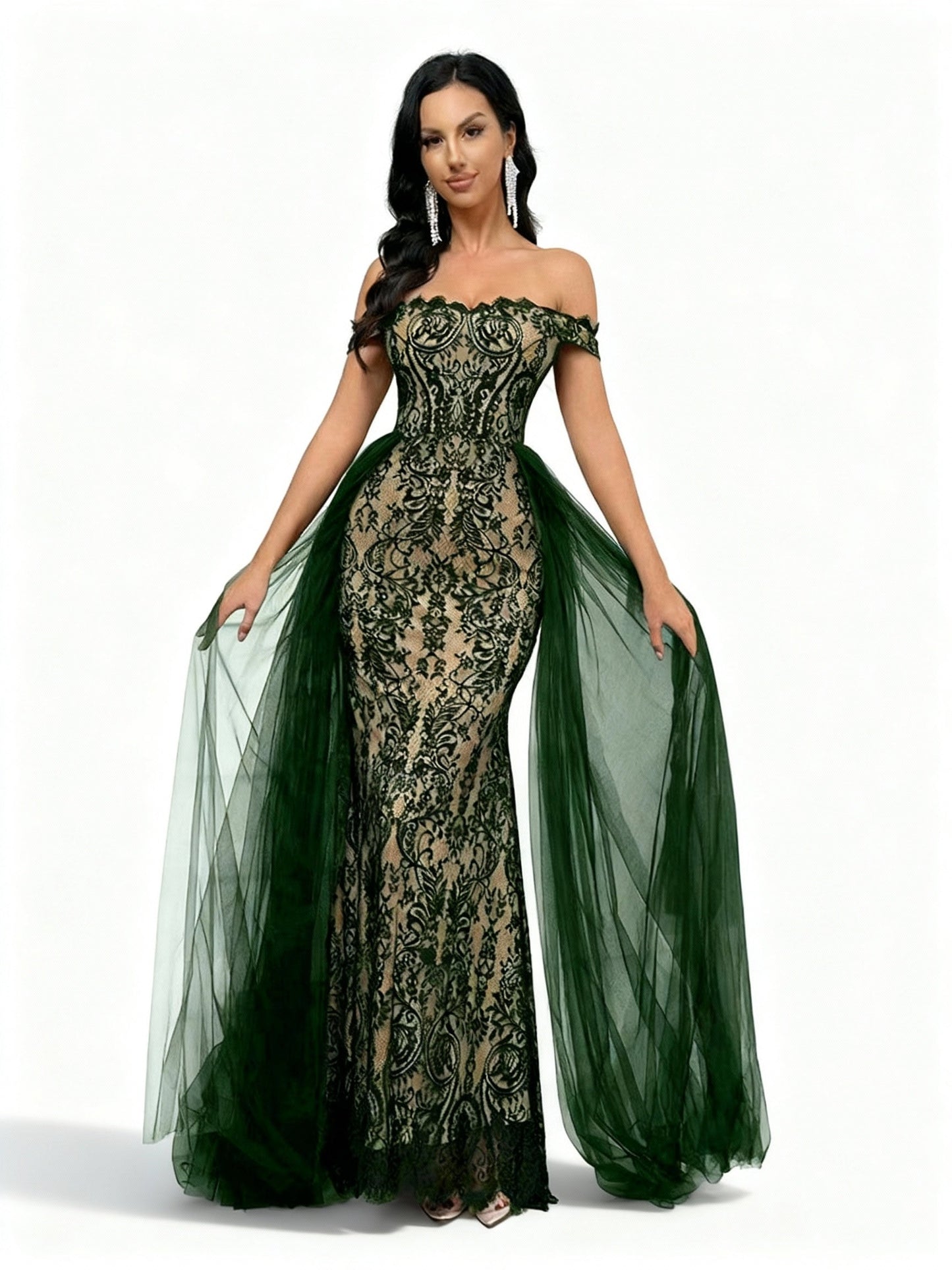 Stalluxe | Unifarbenes Spitzen-Mesh-Abendkleid M Grün