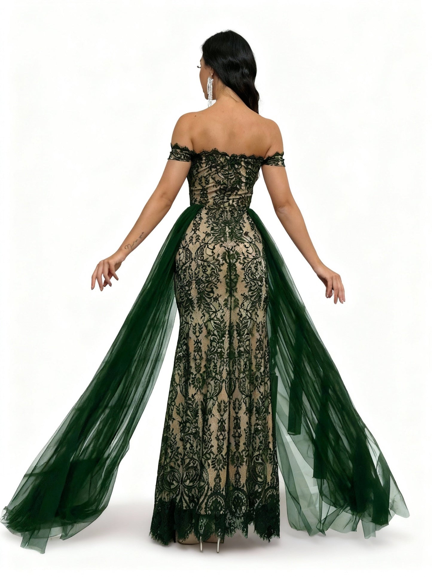 Stalluxe | Unifarbenes Spitzen-Mesh-Abendkleid L Grün