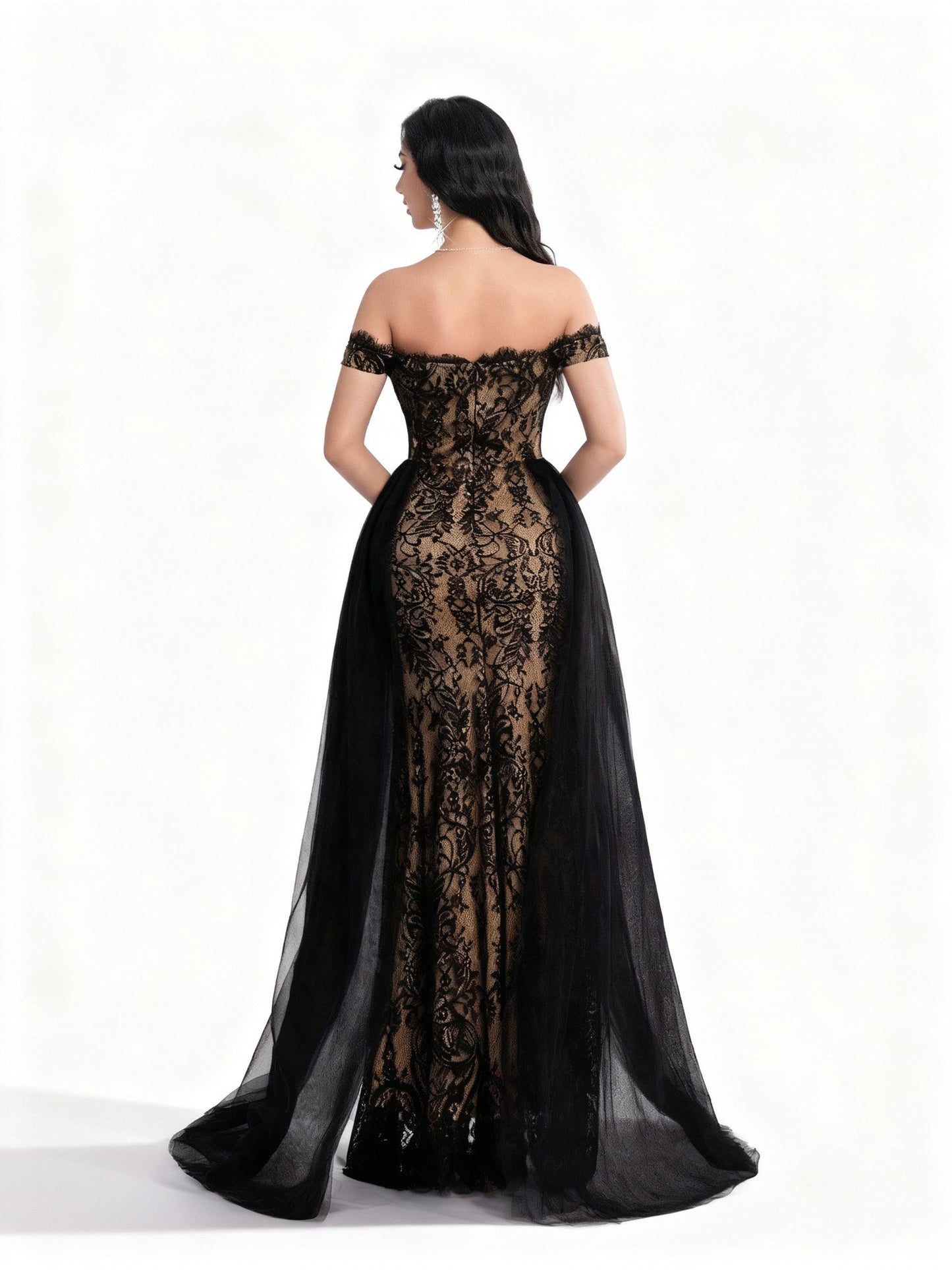 Stalluxe | Unifarbenes Spitzen-Mesh-Abendkleid L Schwarz