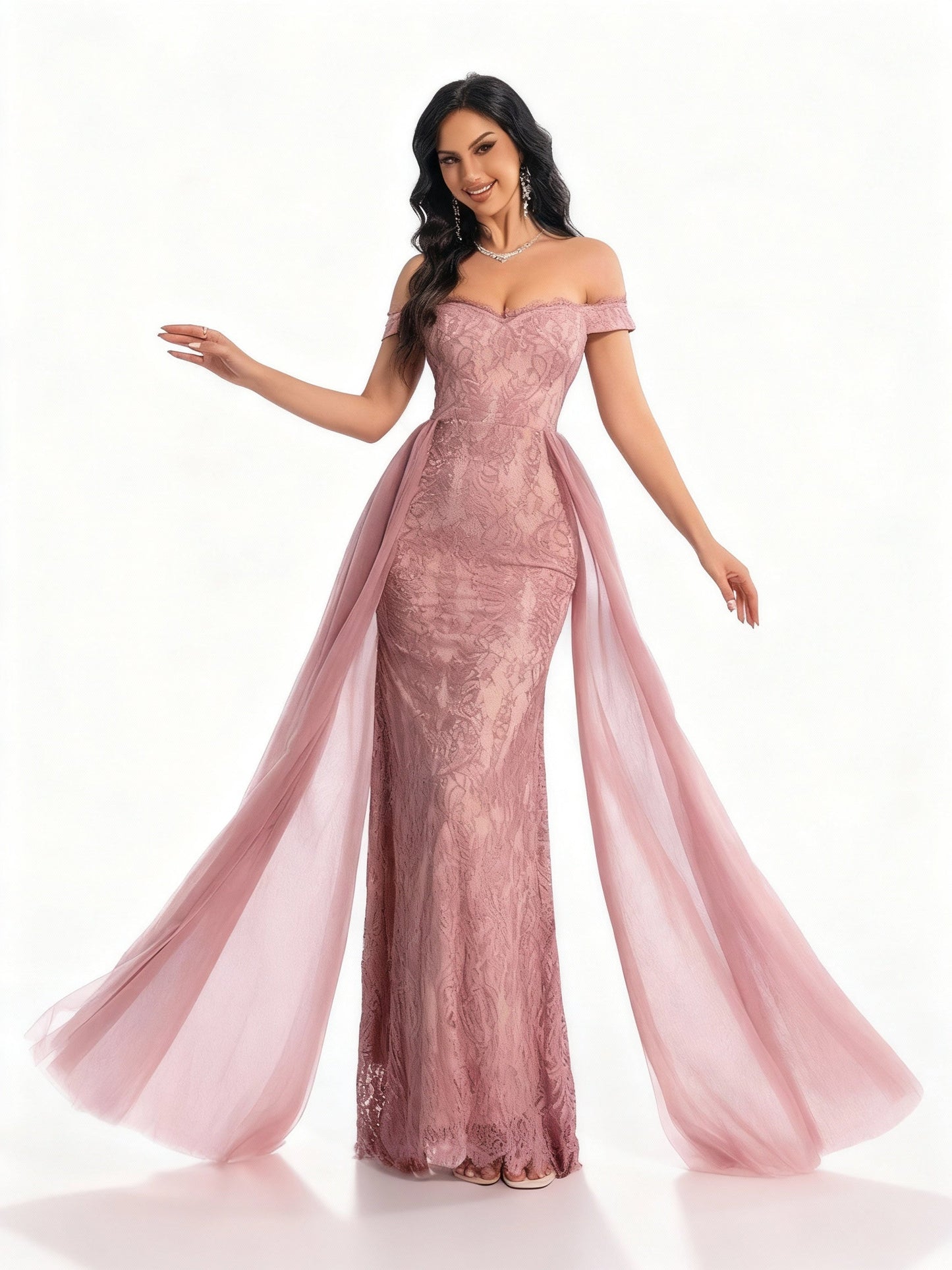 Stalluxe | Unifarbenes Spitzen-Mesh-Abendkleid Rosa