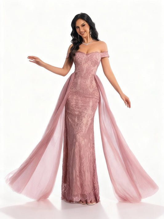 Stalluxe | Unifarbenes Spitzen-Mesh-Abendkleid Rosa