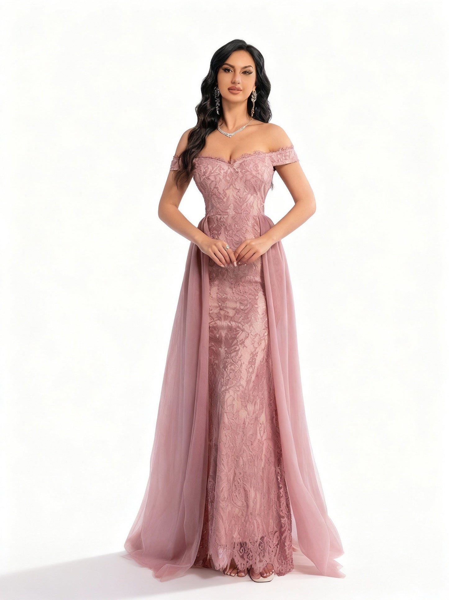 Stalluxe | Unifarbenes Spitzen-Mesh-Abendkleid M Rosa