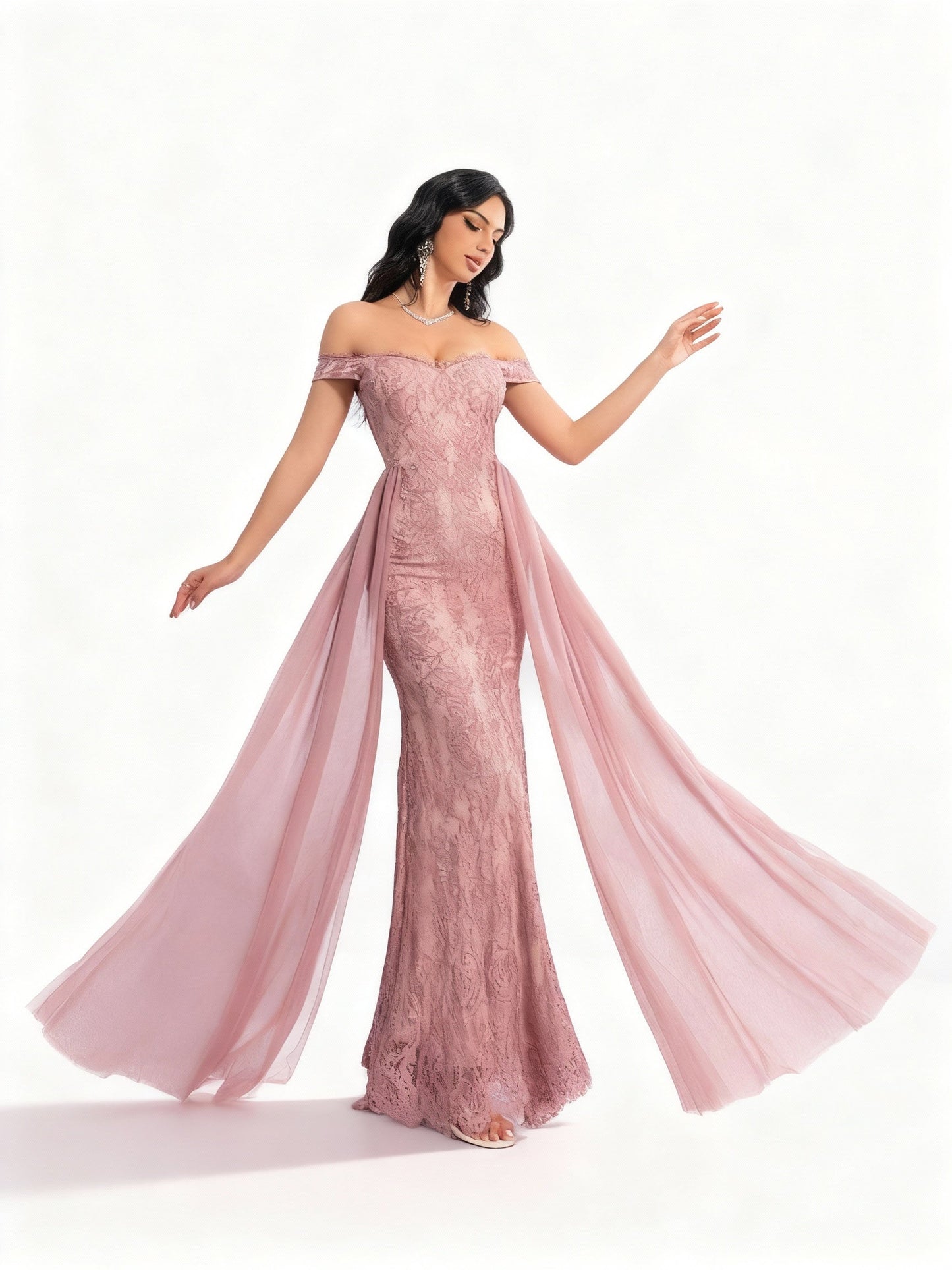 Stalluxe | Unifarbenes Spitzen-Mesh-Abendkleid L Rosa