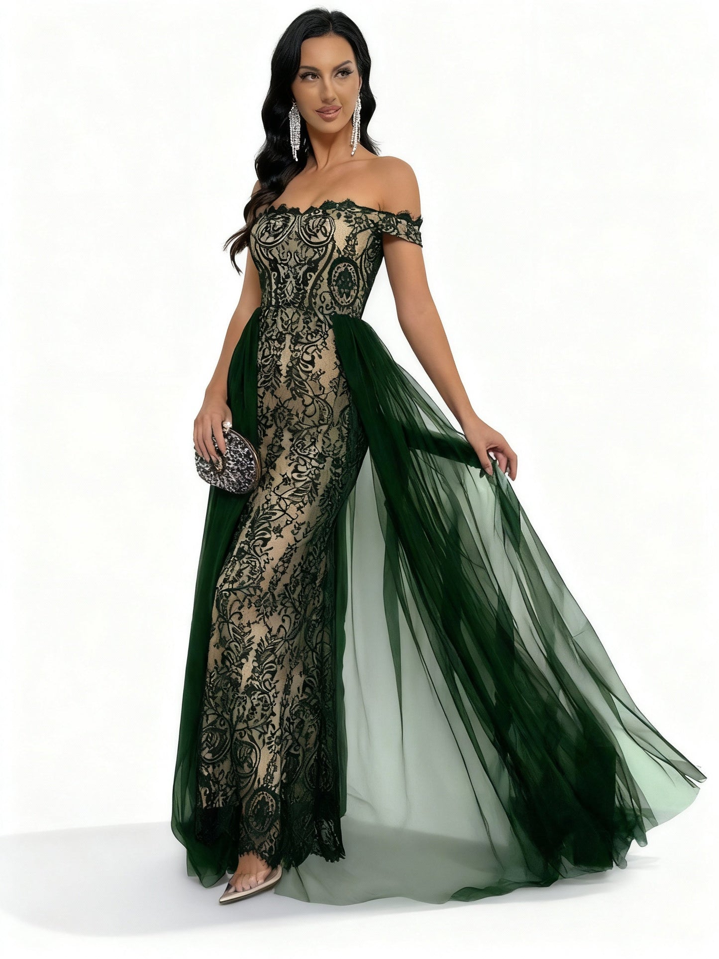 Stalluxe | Unifarbenes Spitzen-Mesh-Abendkleid Grün