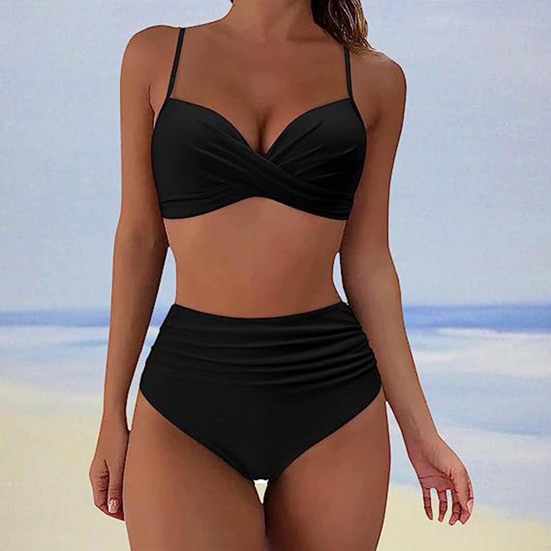 Stalluxe | Stylischer gepolsterter High-Waist-Bikini - Klassischer zweiteiliger Badeanzug mit hoher Taille für Damen Zwart