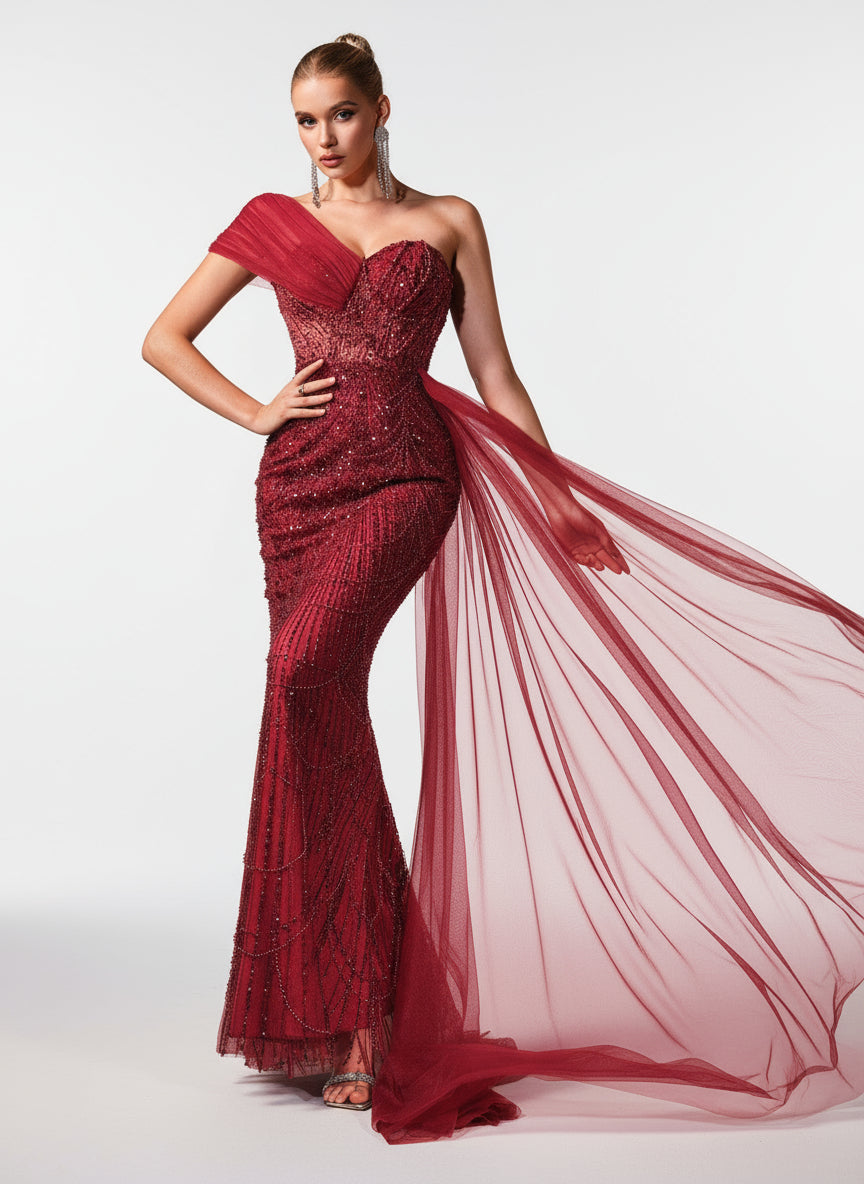 Stalluxe | Romantisches Burgunderrotes Abendkleid mit Perlen und Schrägem Ausschnitt