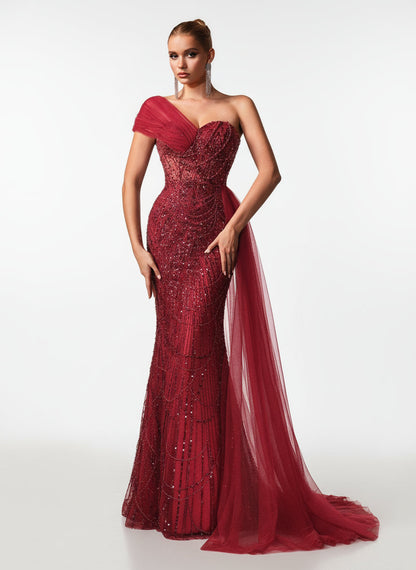 Stalluxe | Romantisches Burgunderrotes Abendkleid mit Perlen und Schrägem Ausschnitt XL