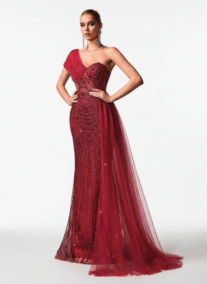 Stalluxe | Romantisches Burgunderrotes Abendkleid mit Perlen und Schrägem Ausschnitt