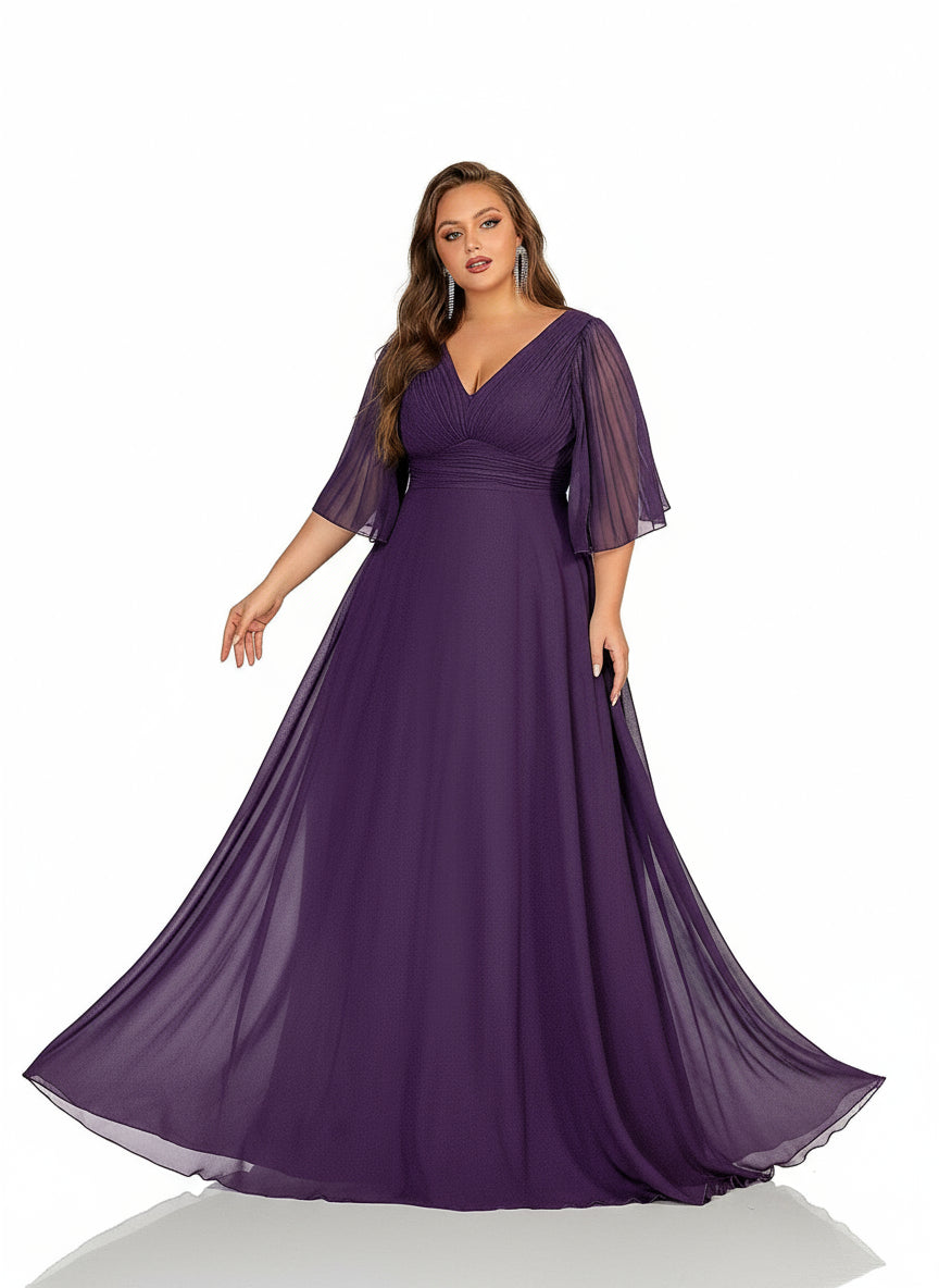 Stalluxe | Elegantes Chiffon-Brautjungfernkleid mit V-Ausschnitt und Volantärmeln