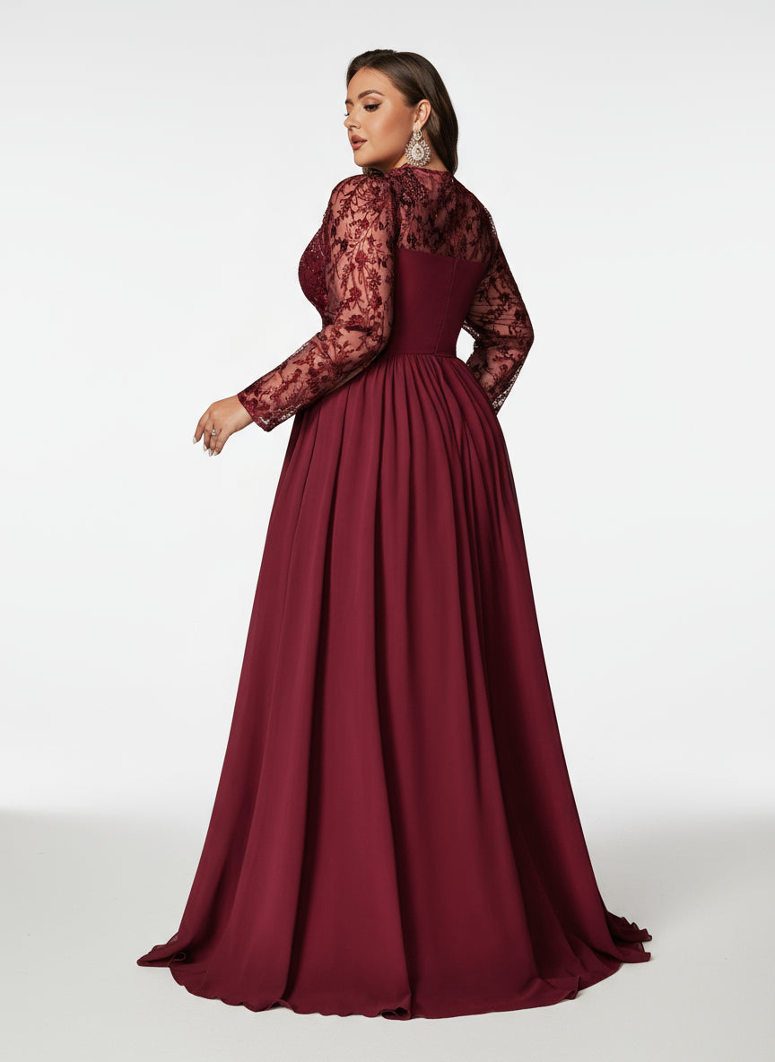 Stalluxe | Zurückhaltendes Abendkleid aus Chiffon mit Netz- und Applikationsdetails, Langarm