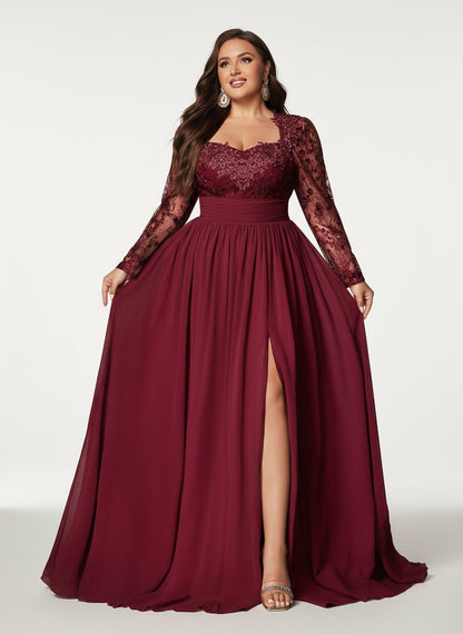 Stalluxe | Zurückhaltendes Abendkleid aus Chiffon mit Netz- und Applikationsdetails, Langarm 5XL