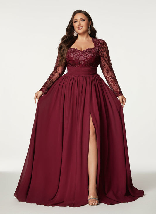 Stalluxe | Zurückhaltendes Abendkleid aus Chiffon mit Netz- und Applikationsdetails, Langarm 5XL